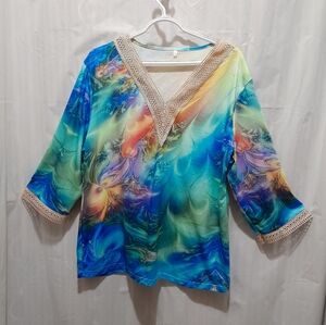 Multi Color Lace Trim 3/4 Sleeve Lace V Neck Size L Unbranded Pre-owned